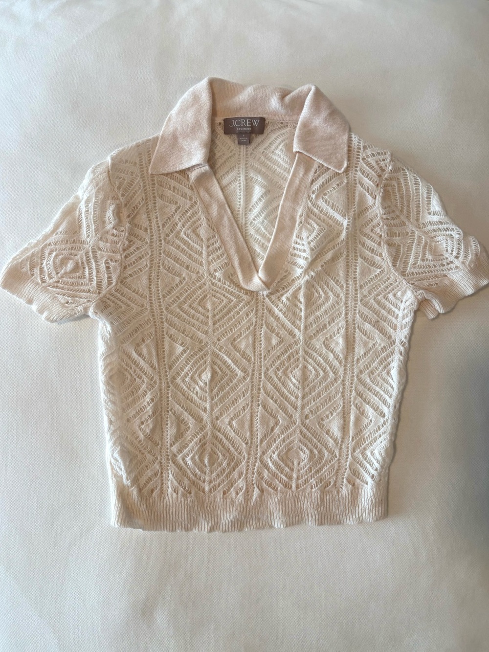 J.Crew Cashmere Lace Pointelle Diamond Polo Sweater in Snow Cream